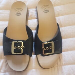 Women’s Black Slide Sandals with Gold Buckle, DR. Scholls